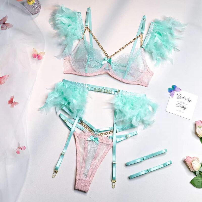 Sexy Transparent Lace Bra Set with Chain