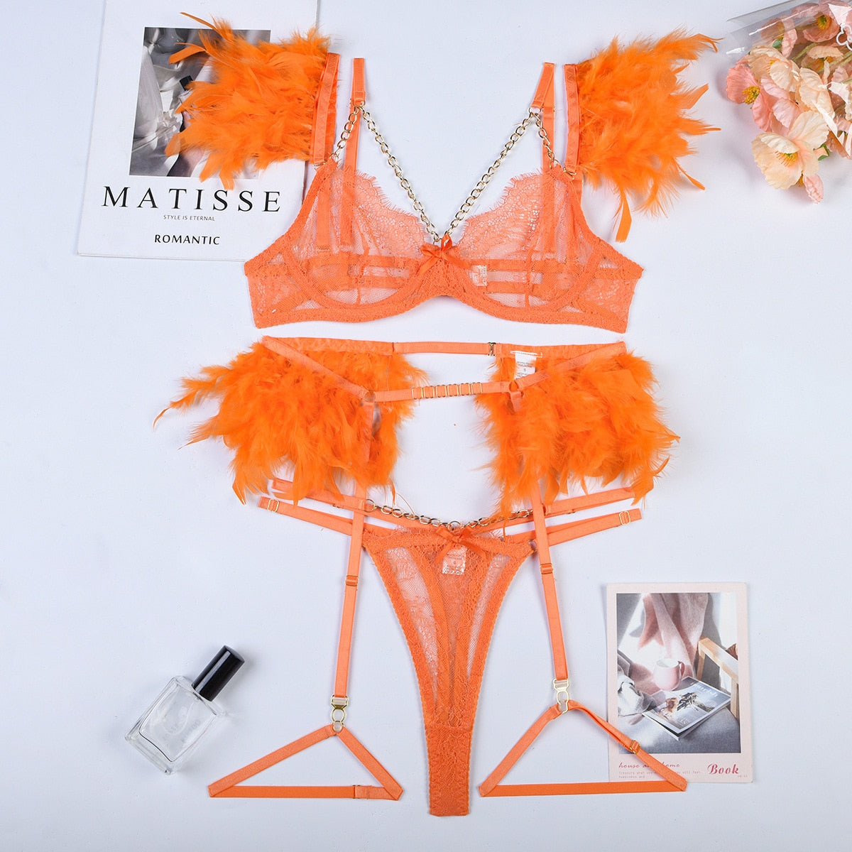 Sexy Transparent Lace Bra Set with Chain
