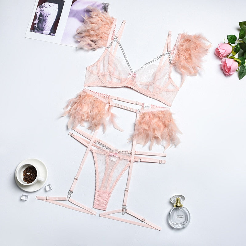 Sexy Transparent Lace Bra Set with Chain