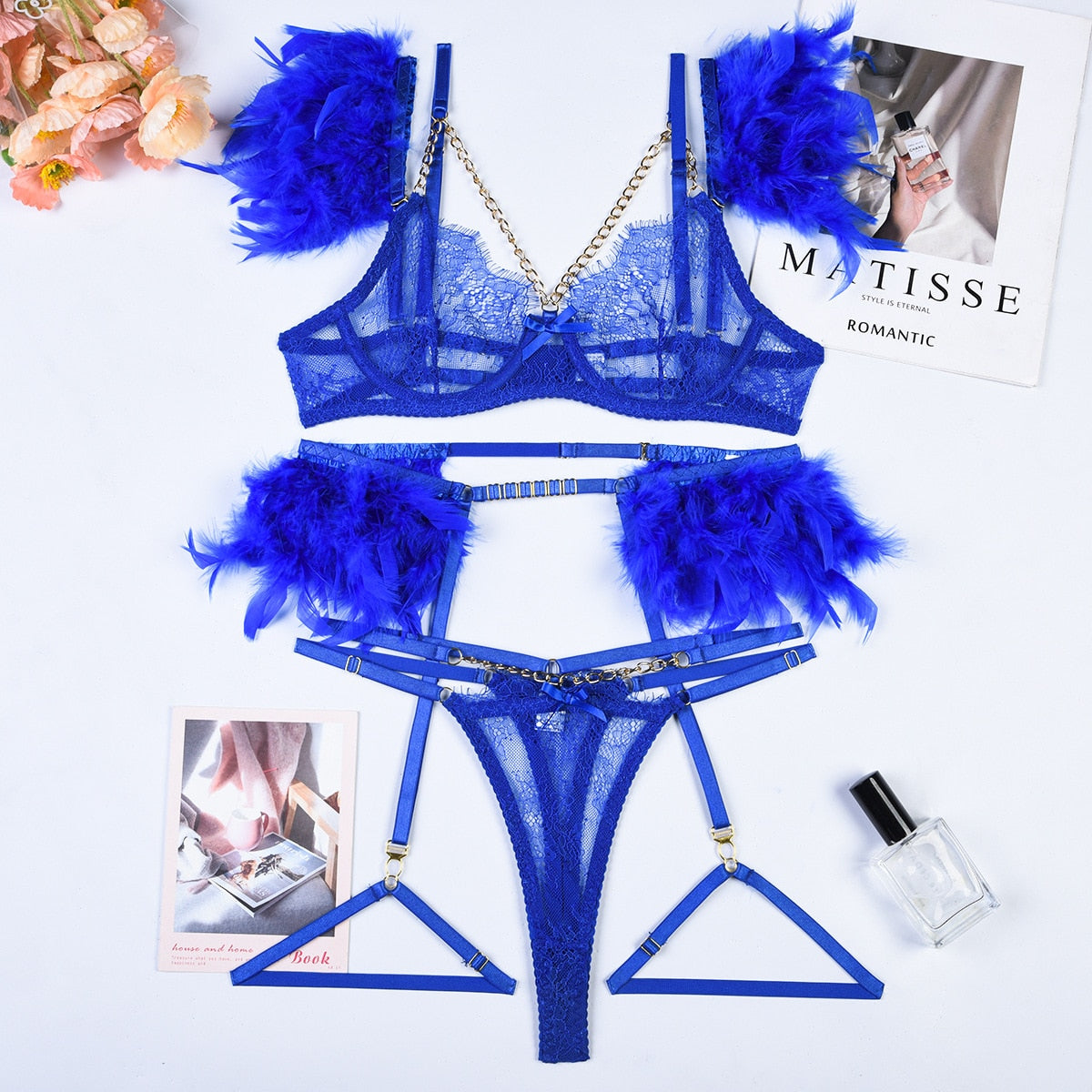 Sexy Transparent Lace Bra Set with Chain