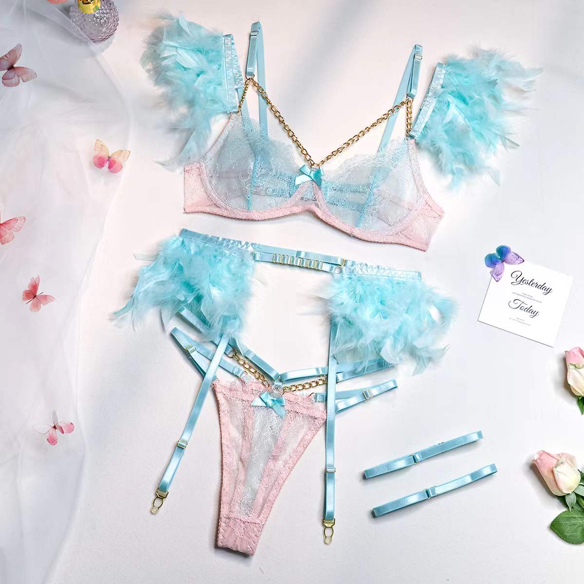 Sexy Transparent Lace Bra Set with Chain