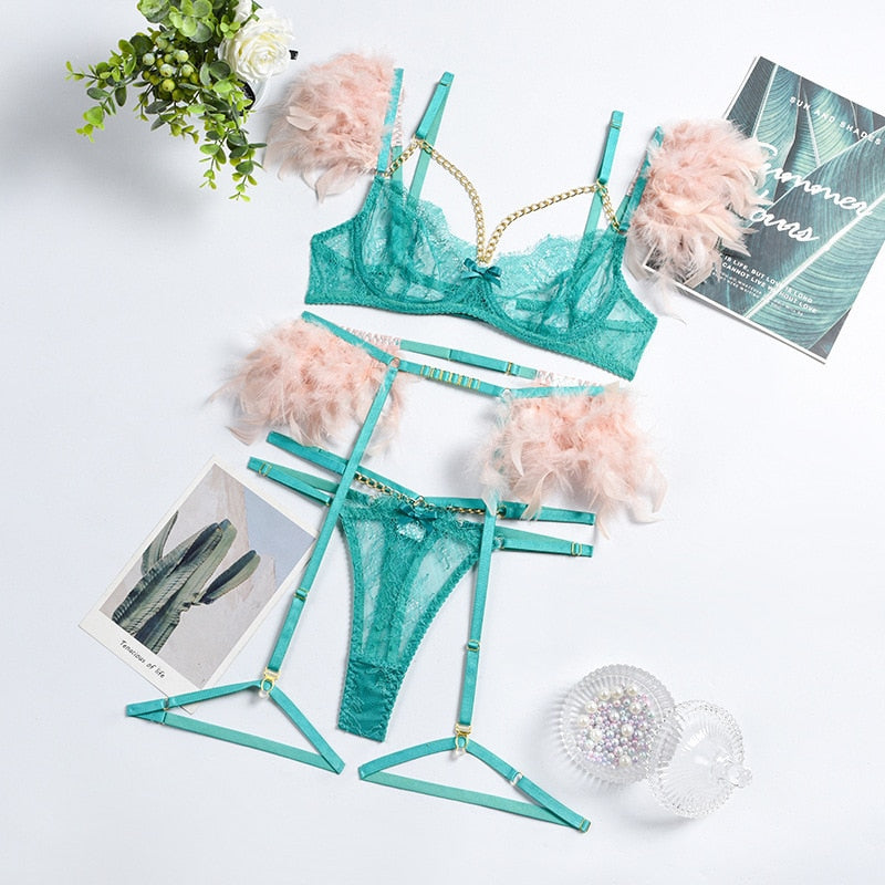 Sexy Transparent Lace Bra Set with Chain