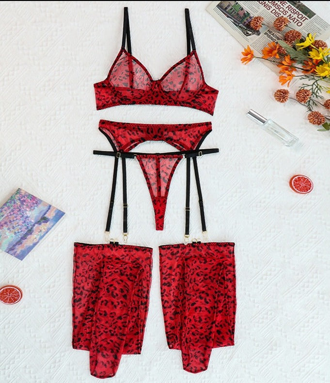 Red Leopard 4pc Lingerie